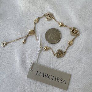 Marchesa Silver CZ Goldtone Filigree Heart Charm Bracelet Dainty Feminine - NWT